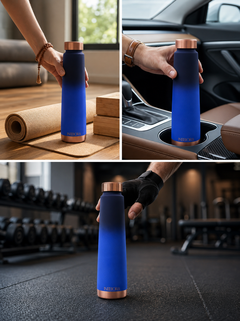 INDDIORA Pure Copper Water Bottle 950 ml Blue Silk Design
