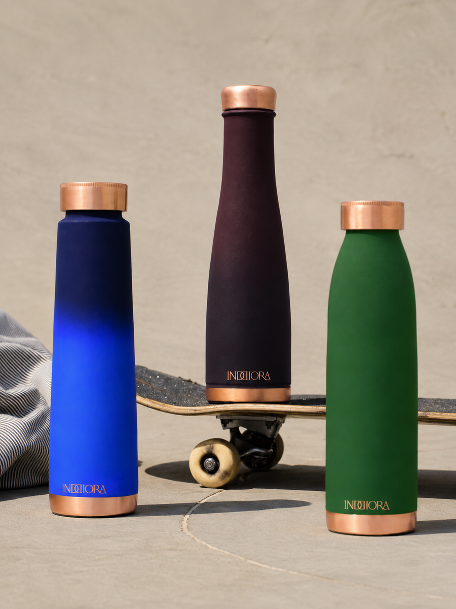 Pure Copper Water Bottle Combo of 3, Silk Finish, Red Green Blue