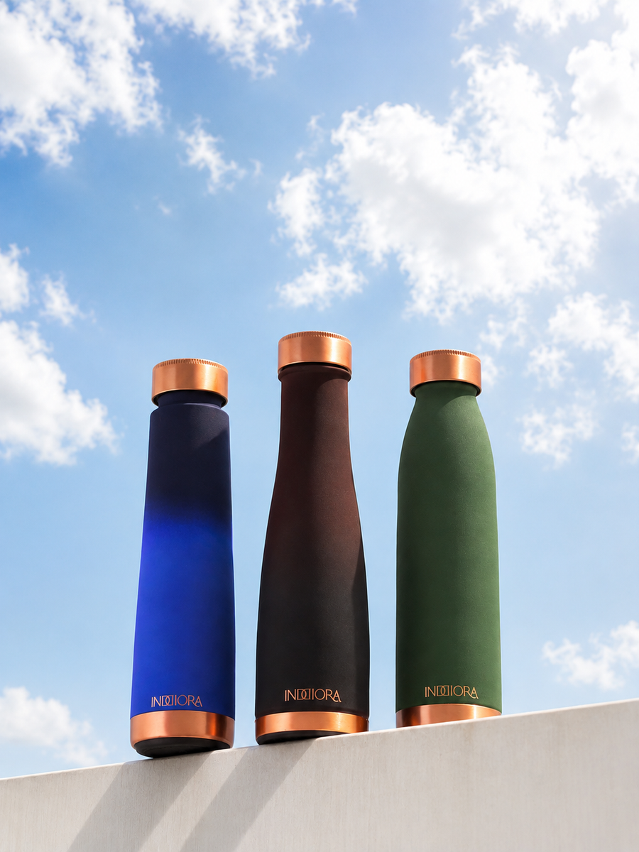 Pure Copper Water Bottle Combo of 3, Silk Finish, Red Green Blue