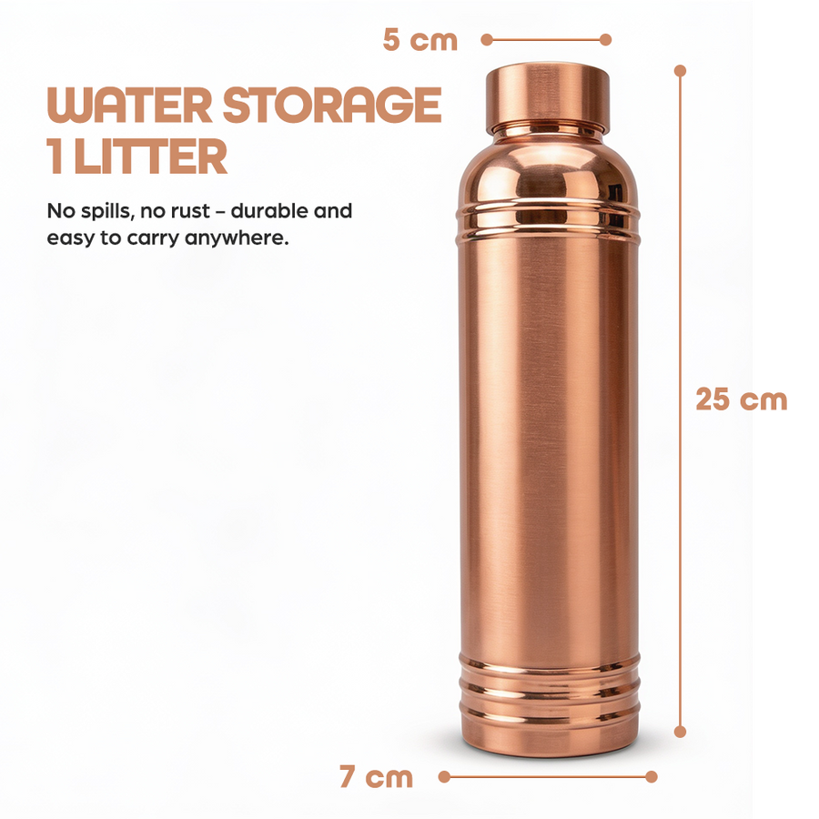 INDDIORA Pure Copper Water Bottle 1 Litre | 100% Pure Copper Drinking Bottle | Leak Proof | BPA Free | Premium Round Shoulder Design | Copper Bottle for Home, Office, Gym & Travel