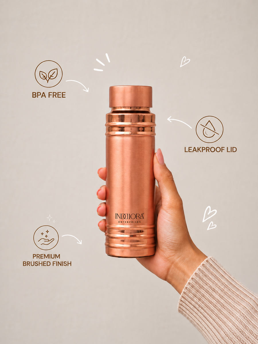 Inddiora Pure Copper Water Bottle 500 ml Ring Design 500 ml Copper Bottle