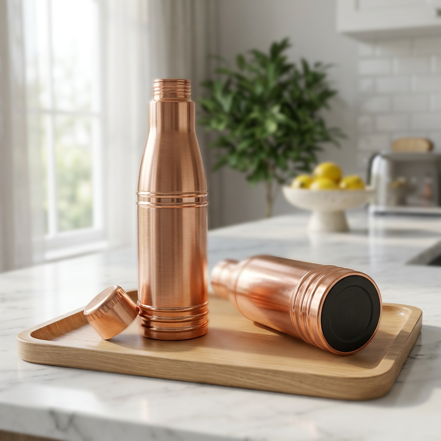 INDDIORA Pure Copper Water Bottle 1 Litre | 100% Pure Copper Drinking Bottle | Leak Proof | BPA Free | Premium Ring Design | Reusable Water Bottle for Home, Office & Travel