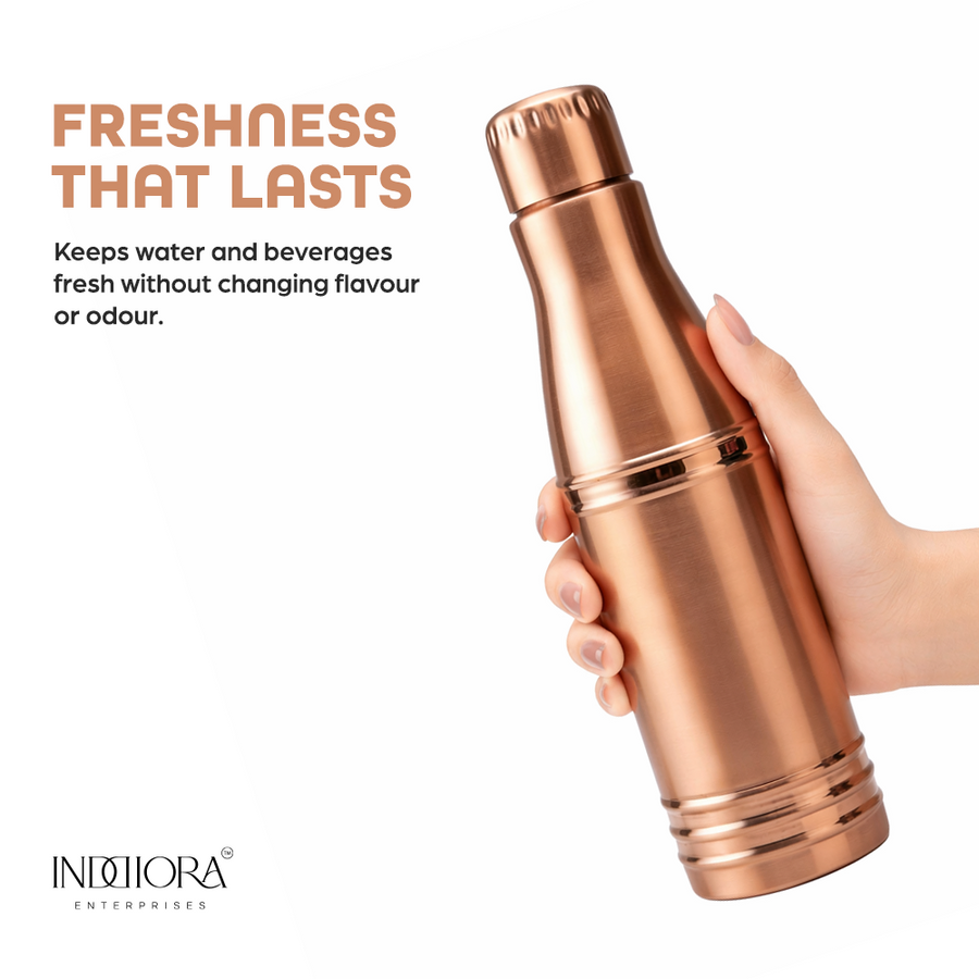 INDDIORA Pure Copper Water Bottle 1 Litre | 100% Pure Copper Drinking Bottle | Leak Proof | BPA Free | Premium Ring Design | Reusable Water Bottle for Home, Office & Travel