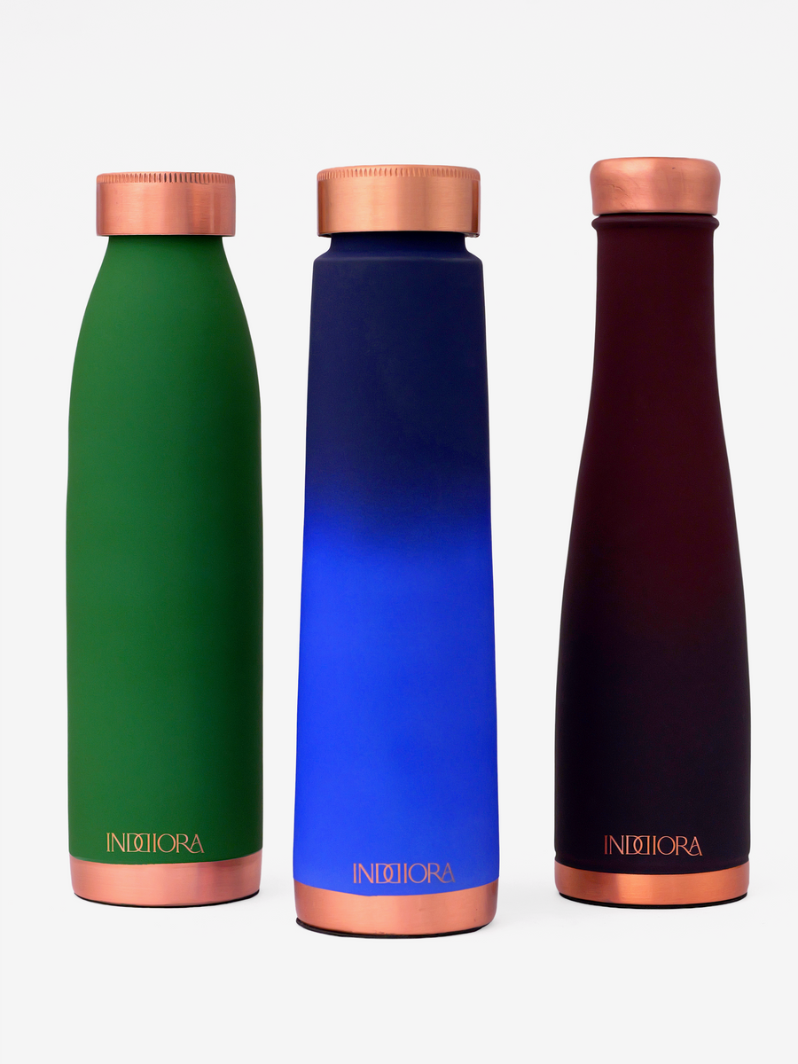 Pure Copper Water Bottle Combo of 3, Silk Finish, Red Green Blue